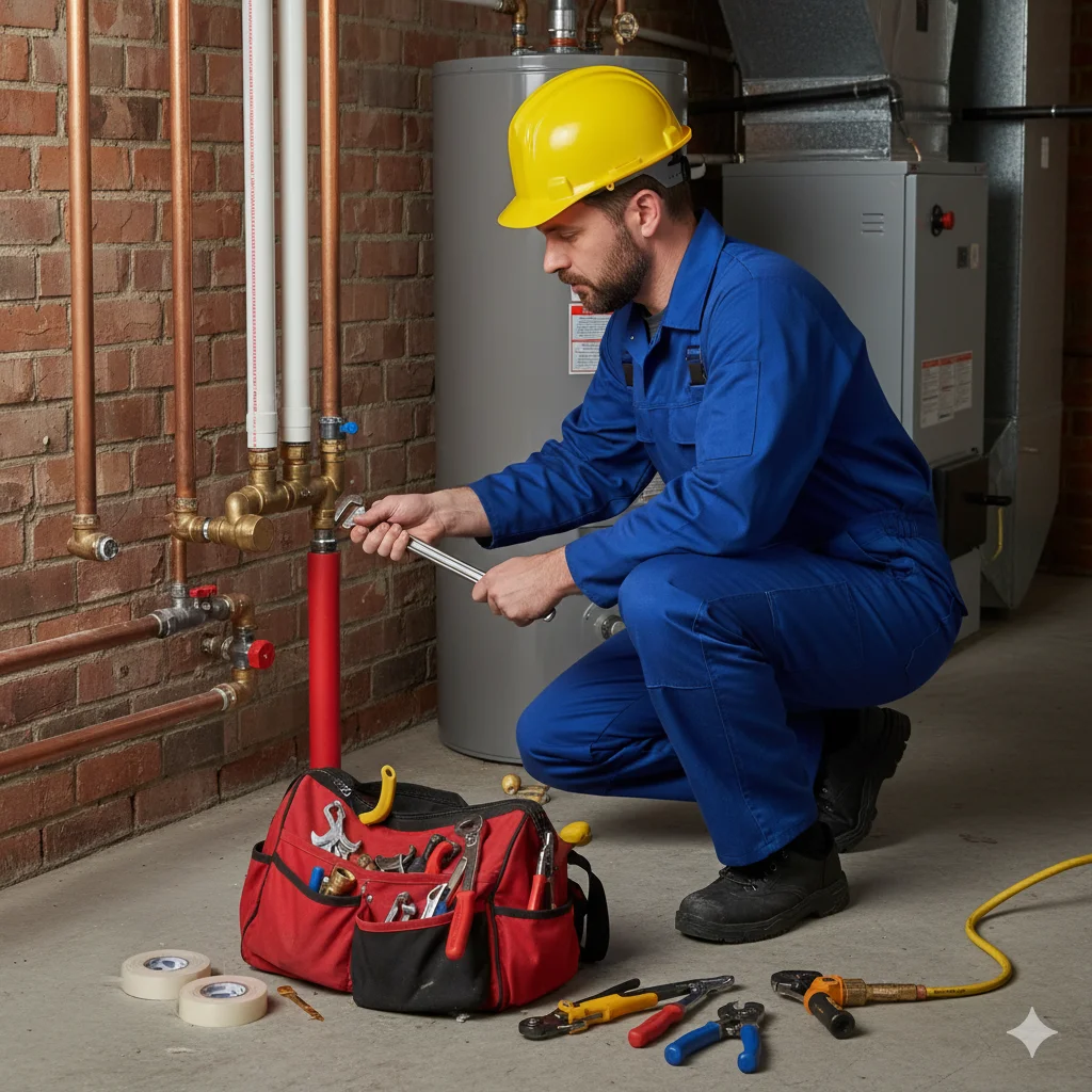 Plombier professionnel installant un système sanitaire